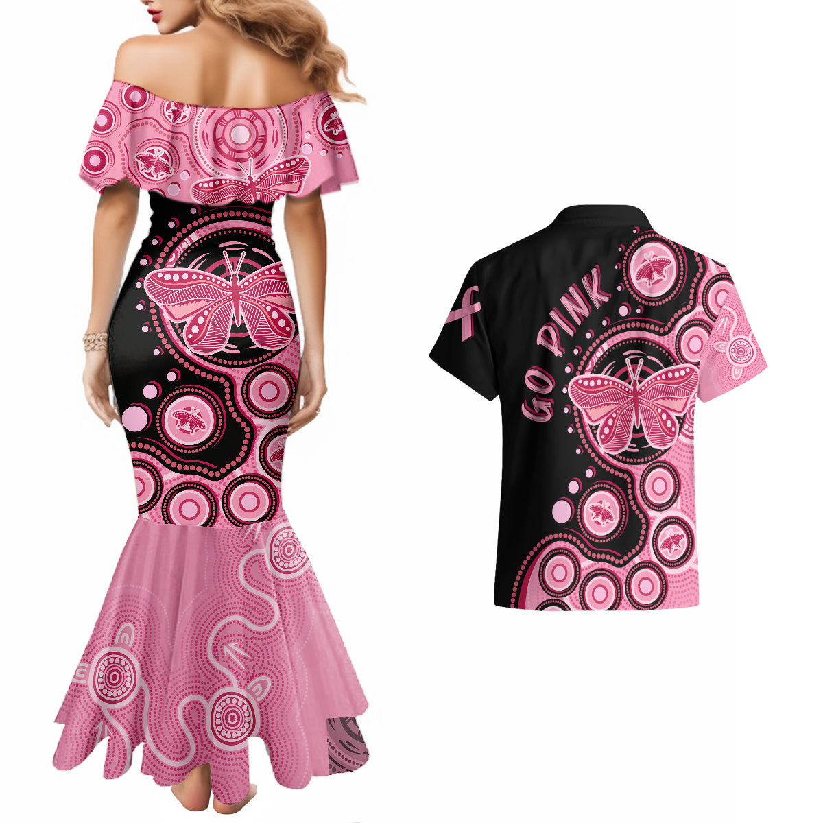 australia-indigenous-couples-matching-mermaid-dress-and-hawaiian-shirt-breast-cancer-ribbon-butterfly-aboriginal-arts