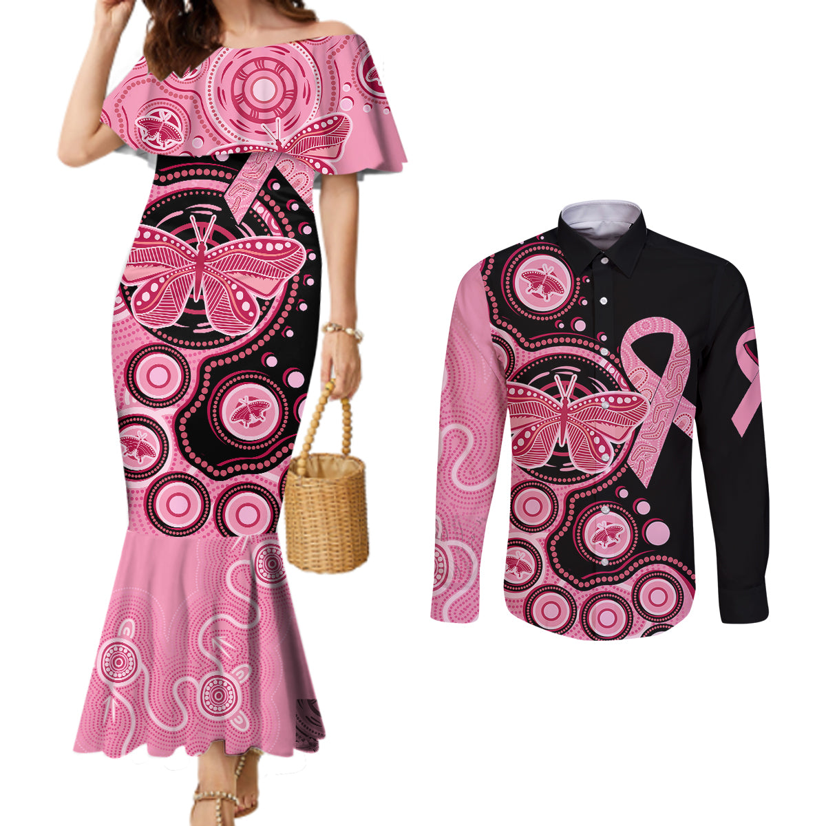 australia-indigenous-couples-matching-mermaid-dress-and-long-sleeve-button-shirts-breast-cancer-ribbon-butterfly-aboriginal-arts