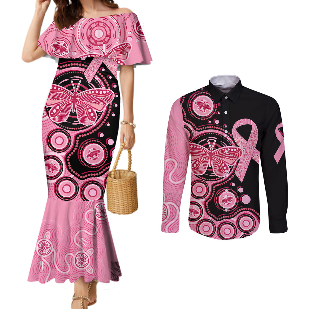 australia-indigenous-couples-matching-mermaid-dress-and-long-sleeve-button-shirts-breast-cancer-ribbon-butterfly-aboriginal-arts