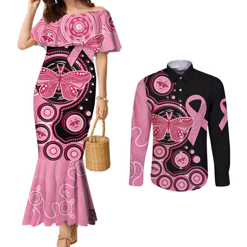 australia-indigenous-couples-matching-mermaid-dress-and-long-sleeve-button-shirts-breast-cancer-ribbon-butterfly-aboriginal-arts