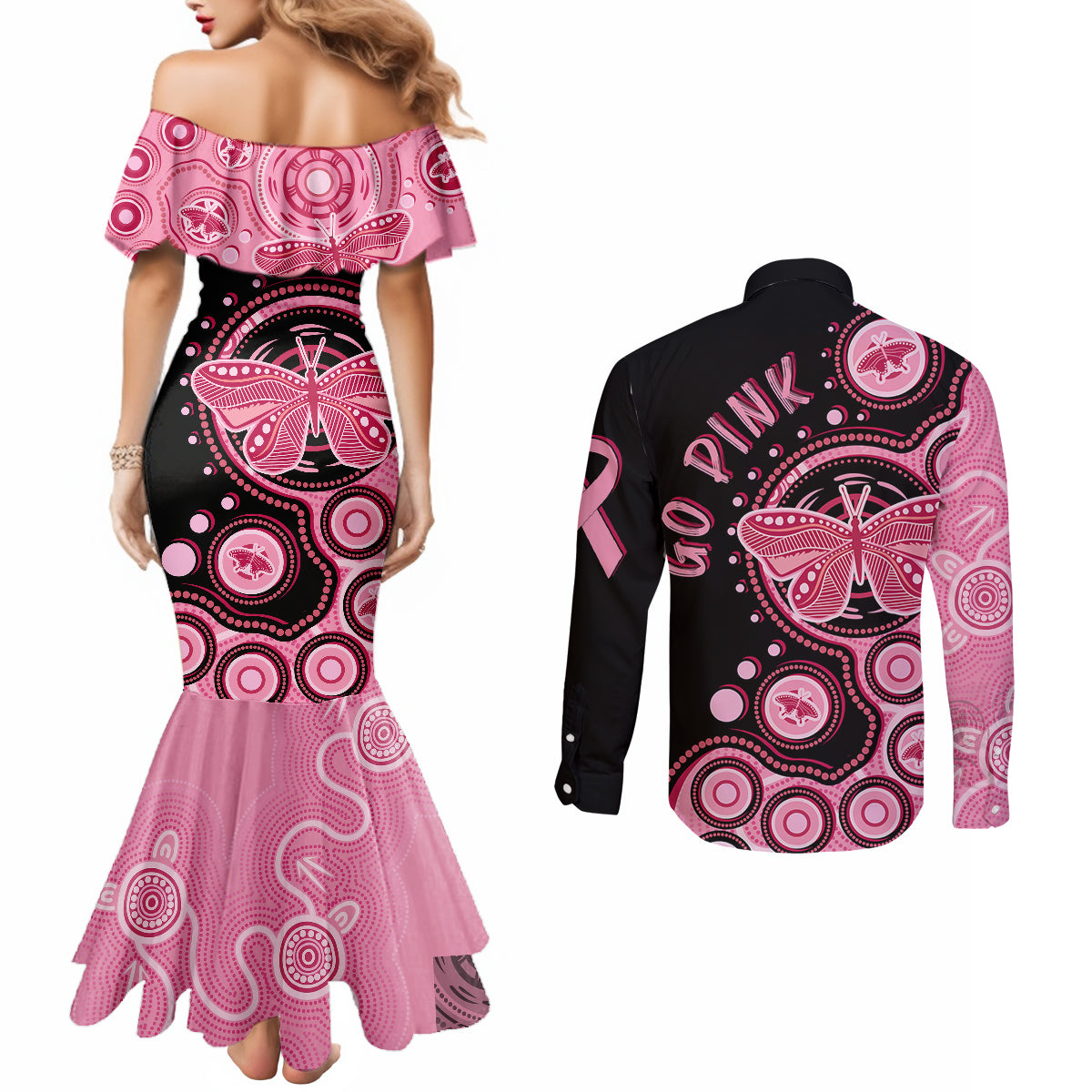 australia-indigenous-couples-matching-mermaid-dress-and-long-sleeve-button-shirts-breast-cancer-ribbon-butterfly-aboriginal-arts