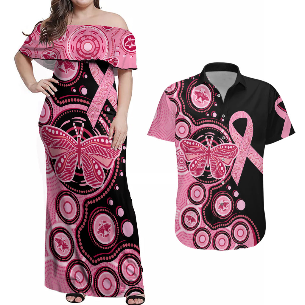 australia-indigenous-couples-matching-off-shoulder-maxi-dress-and-hawaiian-shirt-breast-cancer-ribbon-butterfly-aboriginal-arts