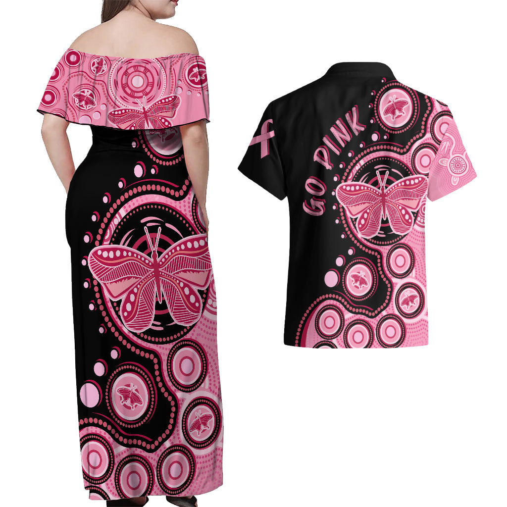 australia-indigenous-couples-matching-off-shoulder-maxi-dress-and-hawaiian-shirt-breast-cancer-ribbon-butterfly-aboriginal-arts
