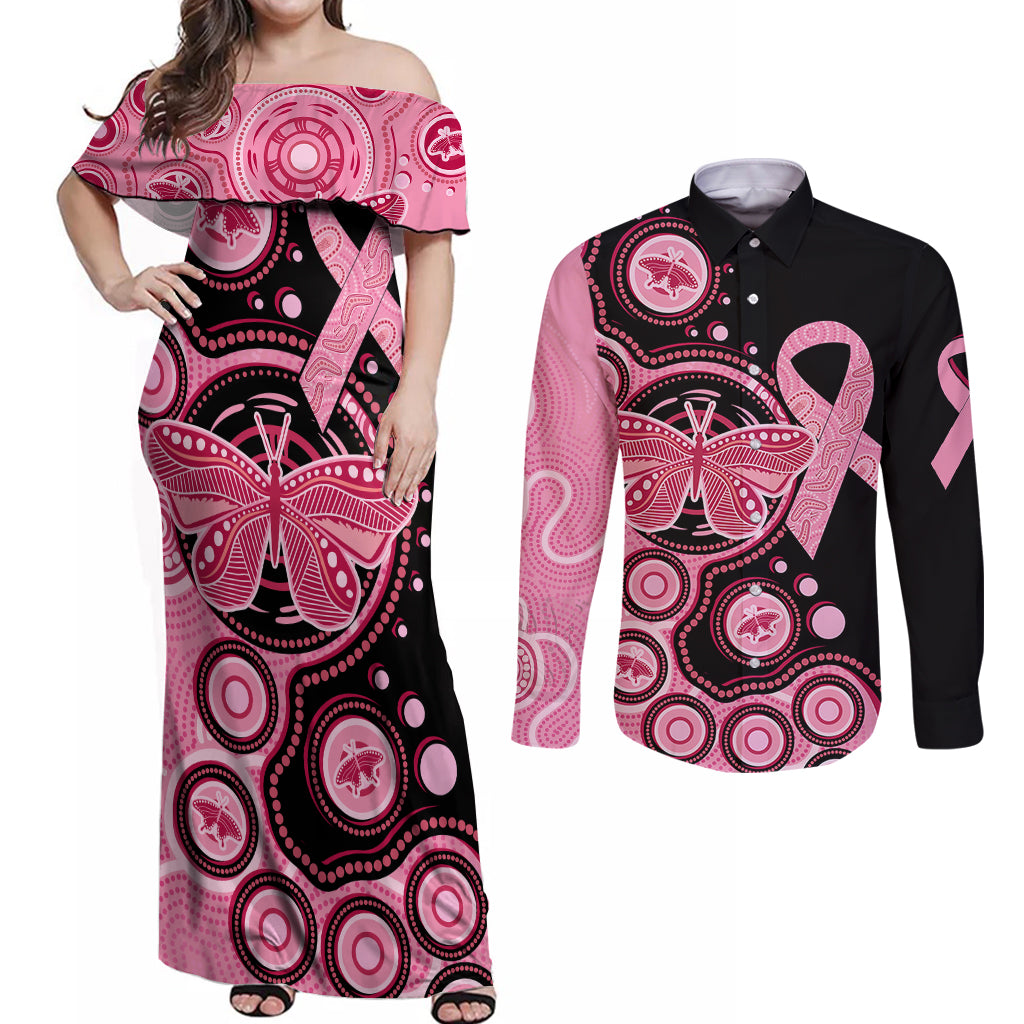 australia-indigenous-couples-matching-off-shoulder-maxi-dress-and-long-sleeve-button-shirts-breast-cancer-ribbon-butterfly-aboriginal-arts