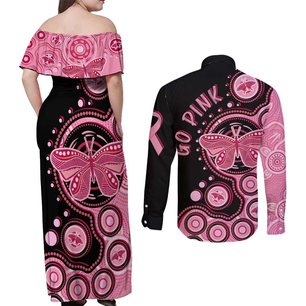 australia-indigenous-couples-matching-off-shoulder-maxi-dress-and-long-sleeve-button-shirts-breast-cancer-ribbon-butterfly-aboriginal-arts
