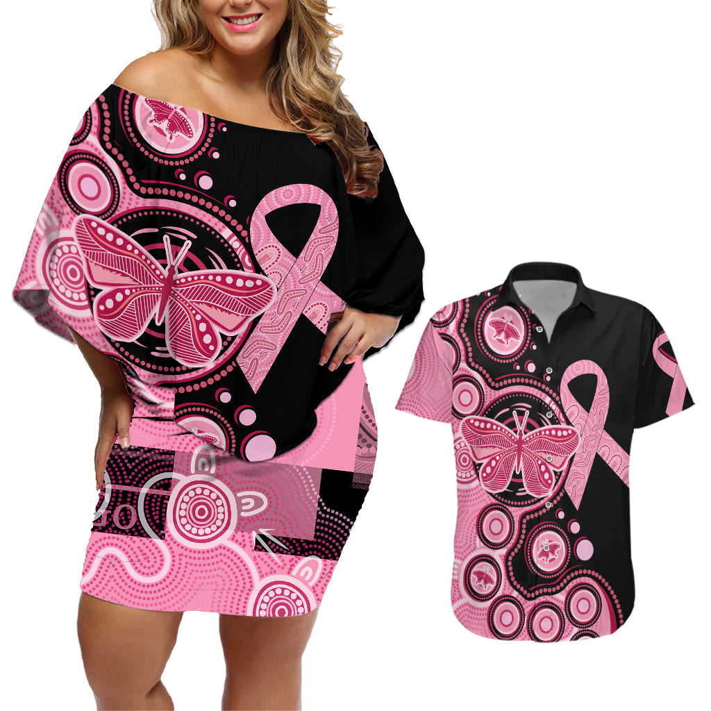 australia-indigenous-couples-matching-off-shoulder-short-dress-and-hawaiian-shirt-breast-cancer-ribbon-butterfly-aboriginal-arts