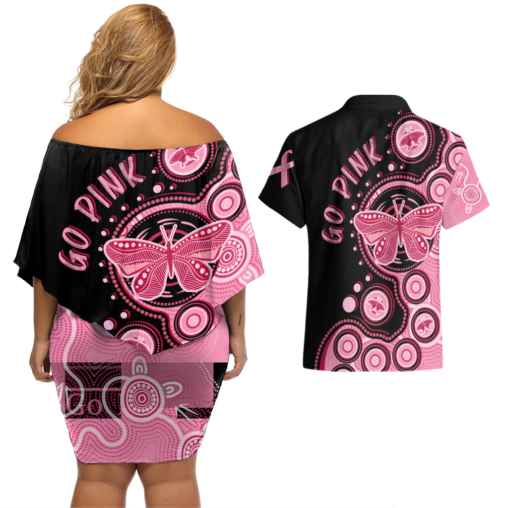 australia-indigenous-couples-matching-off-shoulder-short-dress-and-hawaiian-shirt-breast-cancer-ribbon-butterfly-aboriginal-arts