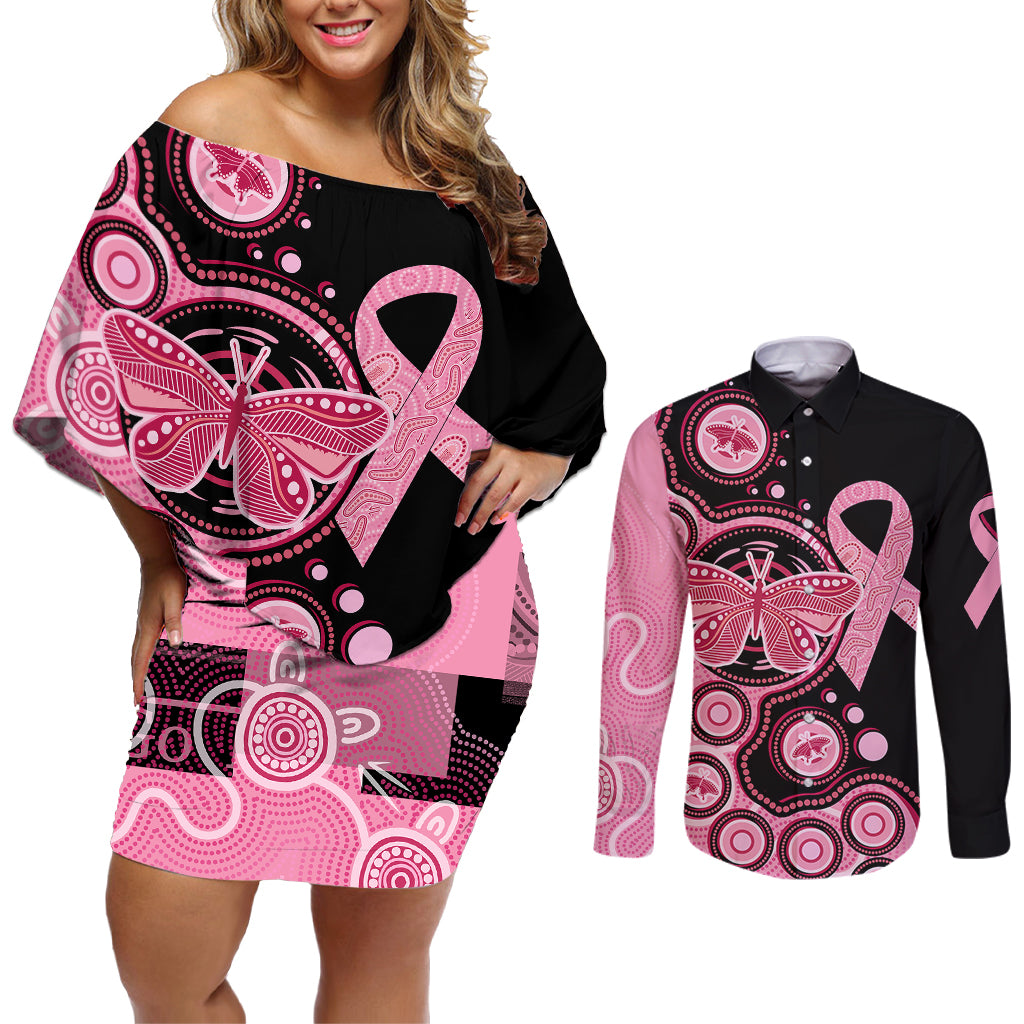 australia-indigenous-couples-matching-off-shoulder-short-dress-and-long-sleeve-button-shirts-breast-cancer-ribbon-butterfly-aboriginal-arts