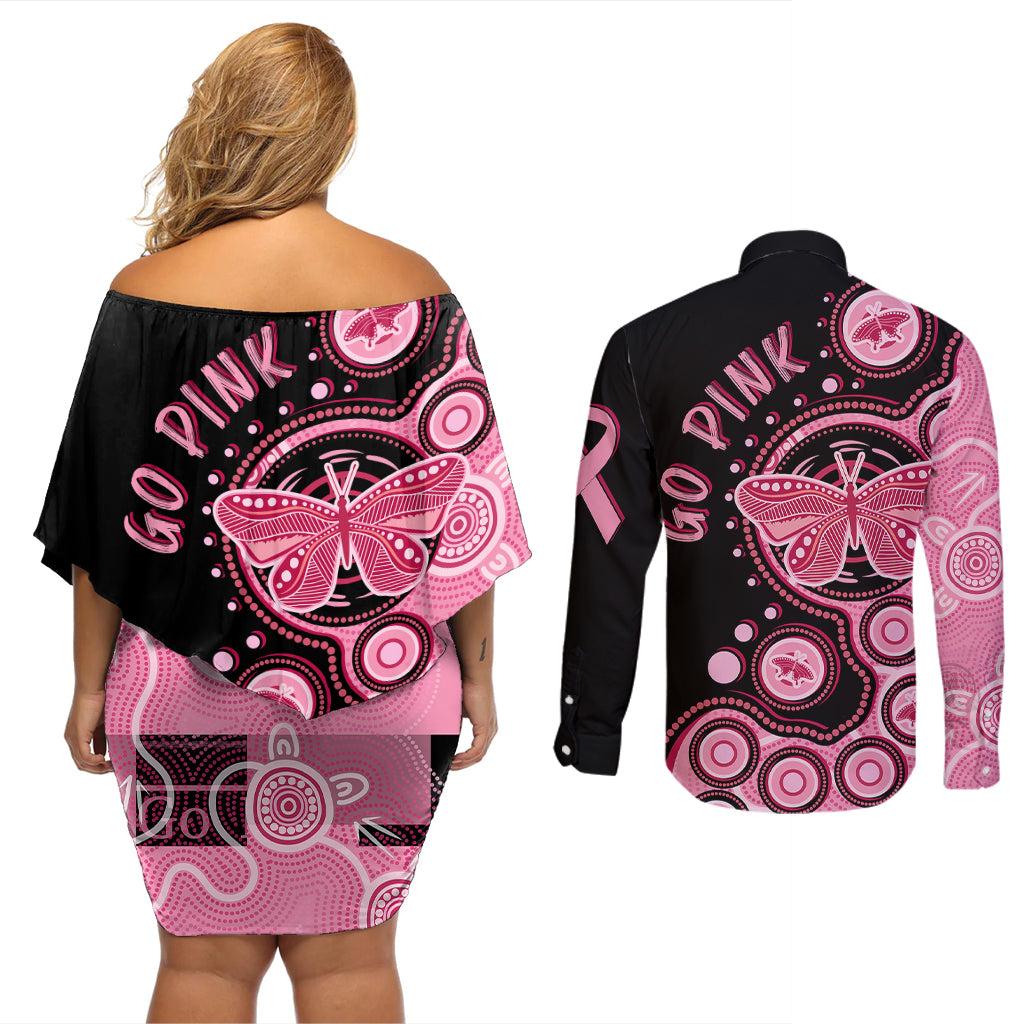 australia-indigenous-couples-matching-off-shoulder-short-dress-and-long-sleeve-button-shirts-breast-cancer-ribbon-butterfly-aboriginal-arts