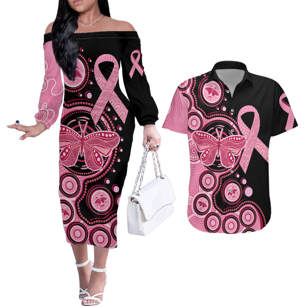 australia-indigenous-couples-matching-off-the-shoulder-long-sleeve-dress-and-hawaiian-shirt-breast-cancer-ribbon-butterfly-aboriginal-arts