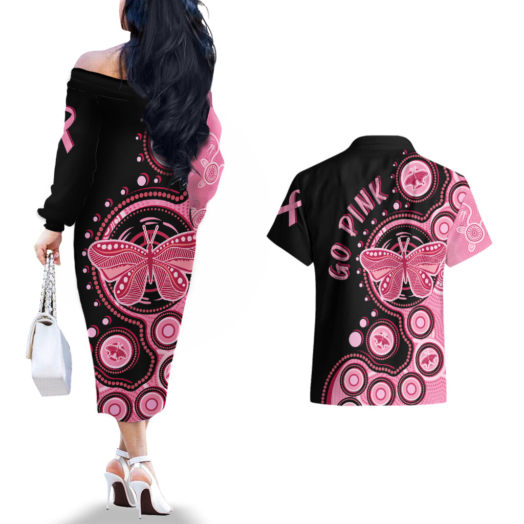 australia-indigenous-couples-matching-off-the-shoulder-long-sleeve-dress-and-hawaiian-shirt-breast-cancer-ribbon-butterfly-aboriginal-arts