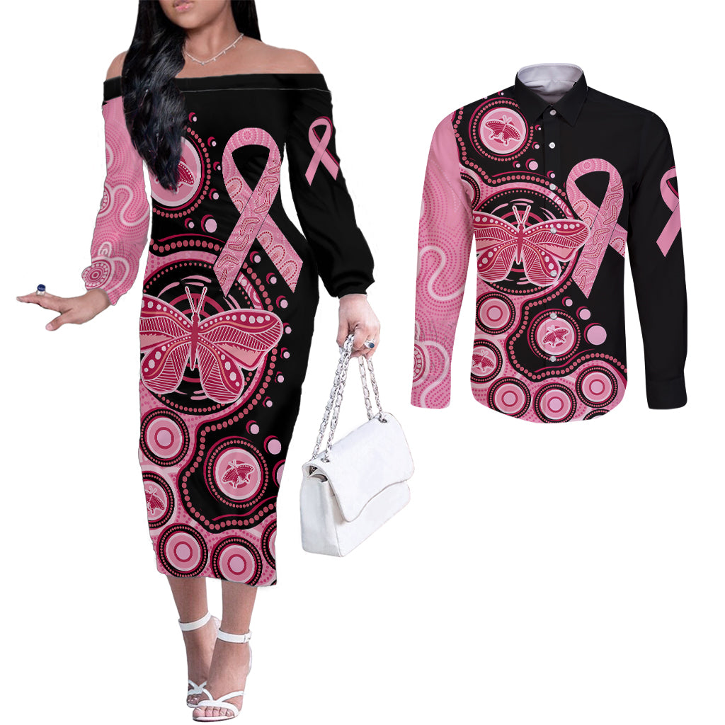 australia-indigenous-couples-matching-off-the-shoulder-long-sleeve-dress-and-long-sleeve-button-shirts-breast-cancer-ribbon-butterfly-aboriginal-arts