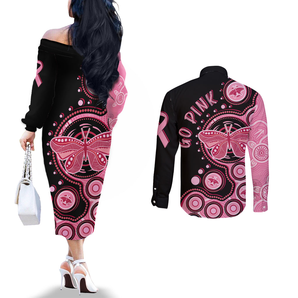 australia-indigenous-couples-matching-off-the-shoulder-long-sleeve-dress-and-long-sleeve-button-shirts-breast-cancer-ribbon-butterfly-aboriginal-arts