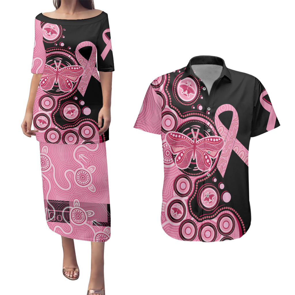 australia-indigenous-couples-matching-puletasi-dress-and-hawaiian-shirt-breast-cancer-ribbon-butterfly-aboriginal-arts