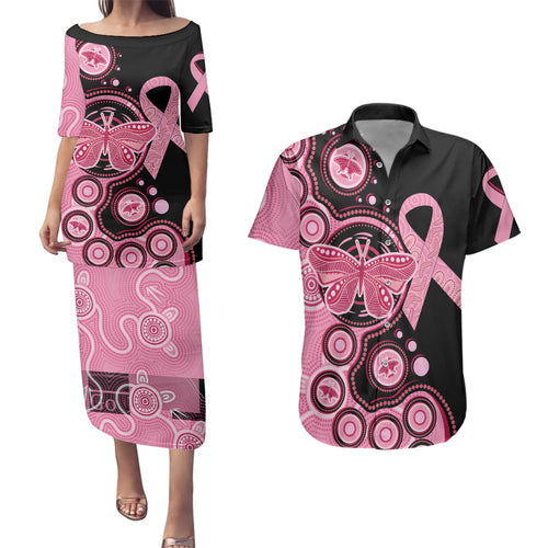 australia-indigenous-couples-matching-puletasi-dress-and-hawaiian-shirt-breast-cancer-ribbon-butterfly-aboriginal-arts