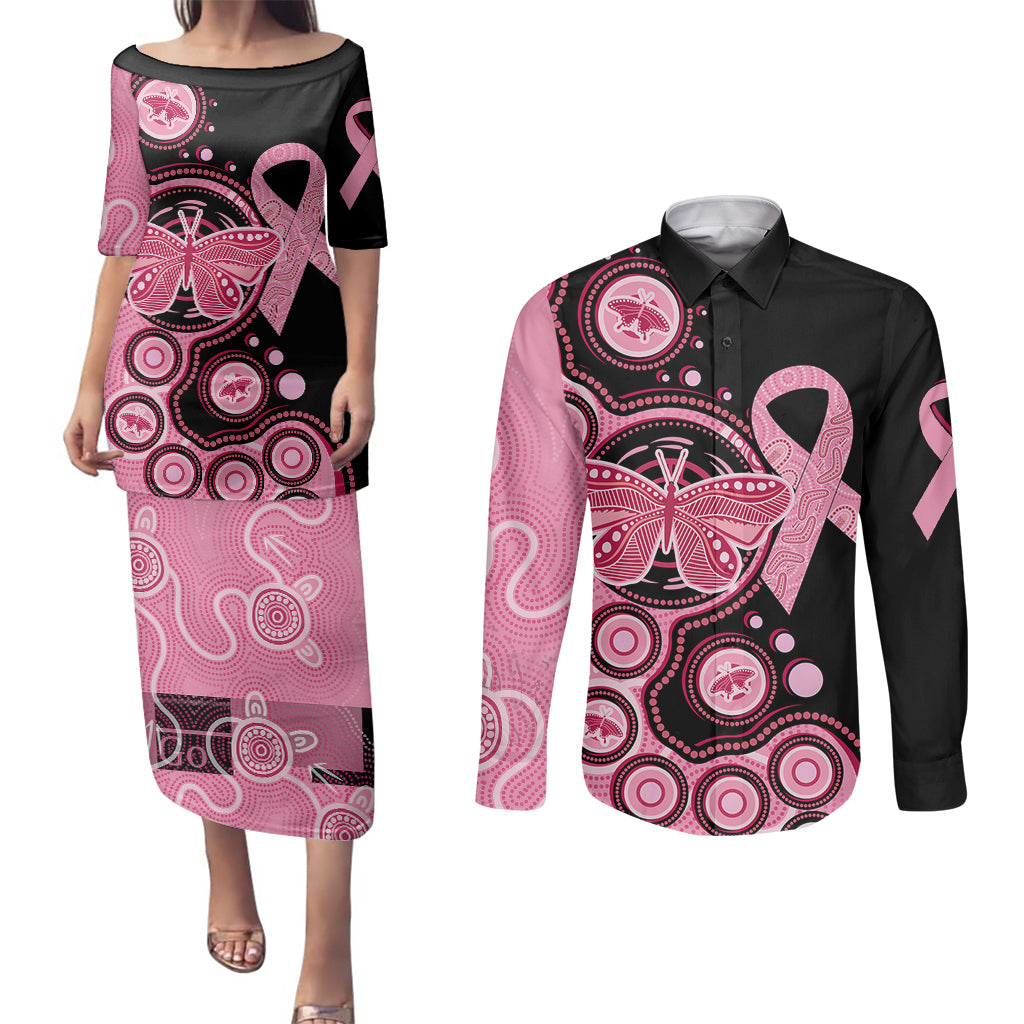 australia-indigenous-couples-matching-puletasi-dress-and-long-sleeve-button-shirts-breast-cancer-ribbon-butterfly-aboriginal-arts