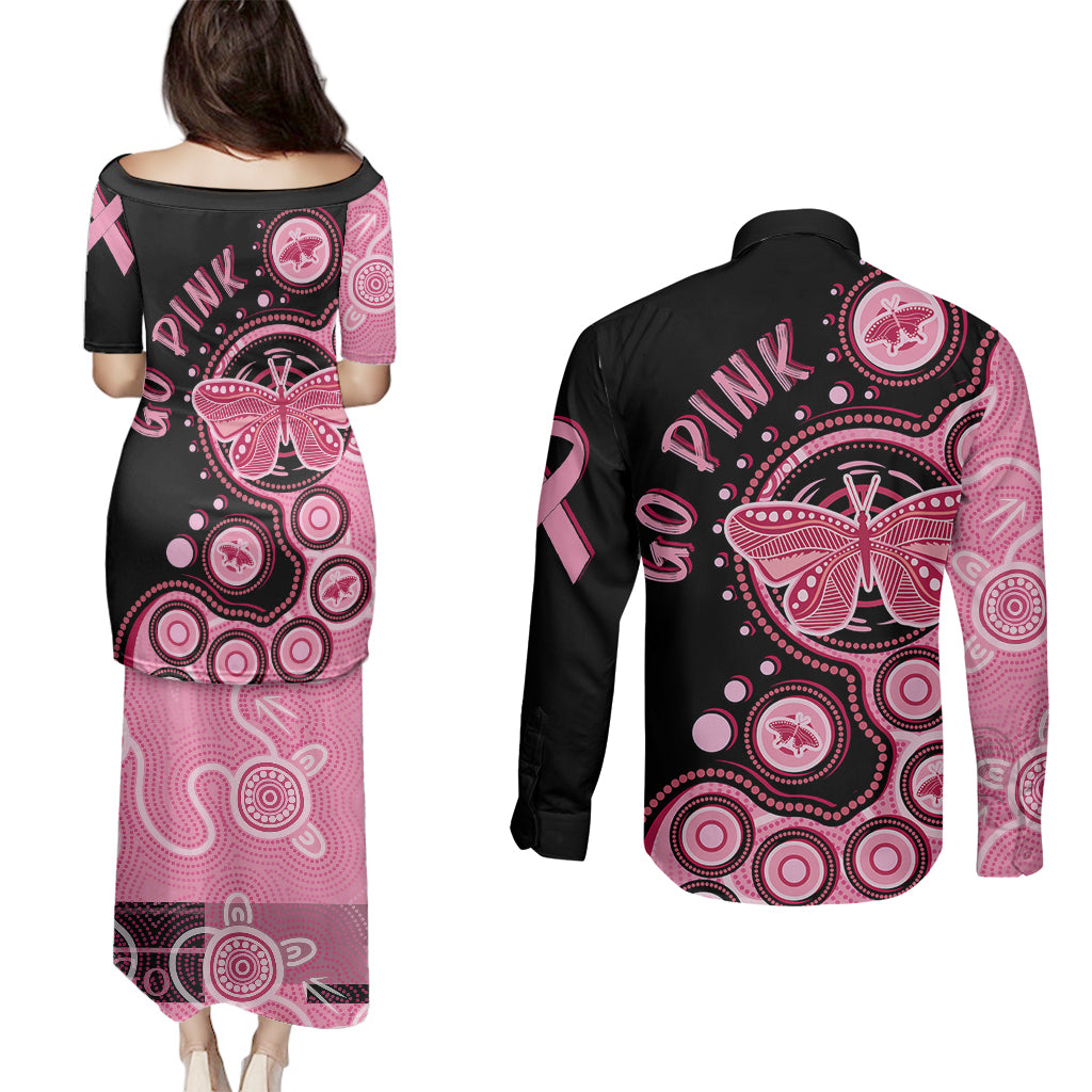 australia-indigenous-couples-matching-puletasi-dress-and-long-sleeve-button-shirts-breast-cancer-ribbon-butterfly-aboriginal-arts