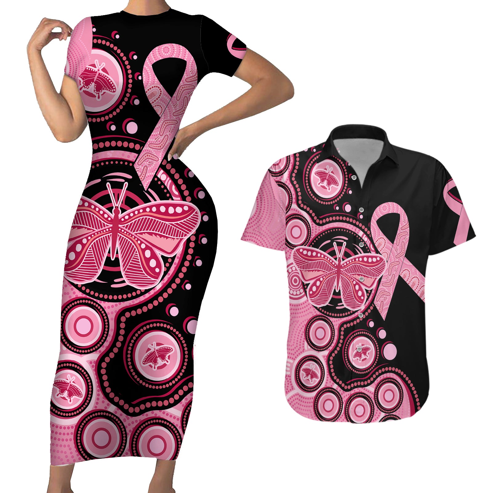 australia-indigenous-couples-matching-short-sleeve-bodycon-dress-and-hawaiian-shirt-breast-cancer-ribbon-butterfly-aboriginal-arts