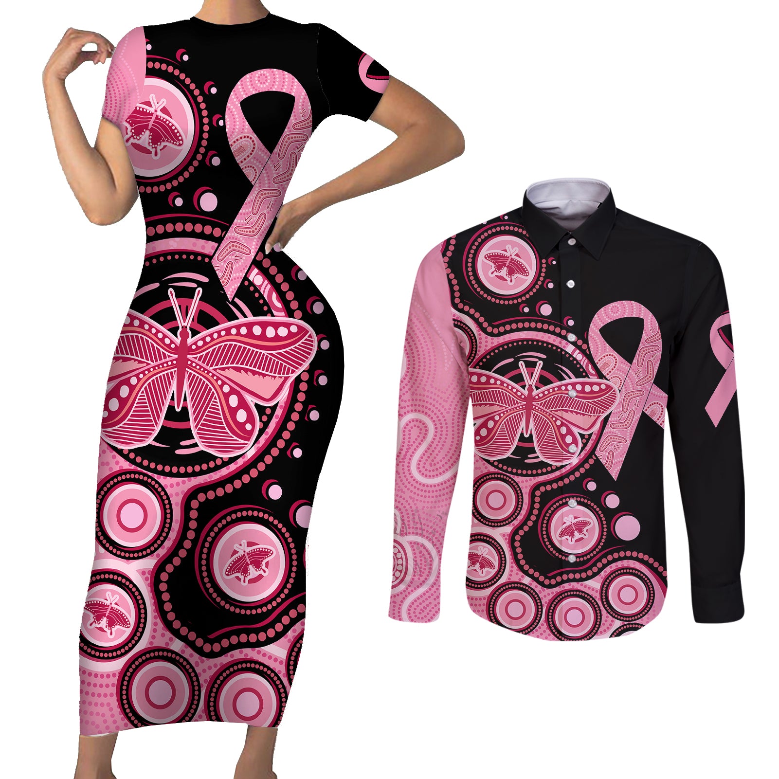 australia-indigenous-couples-matching-short-sleeve-bodycon-dress-and-long-sleeve-button-shirts-breast-cancer-ribbon-butterfly-aboriginal-arts
