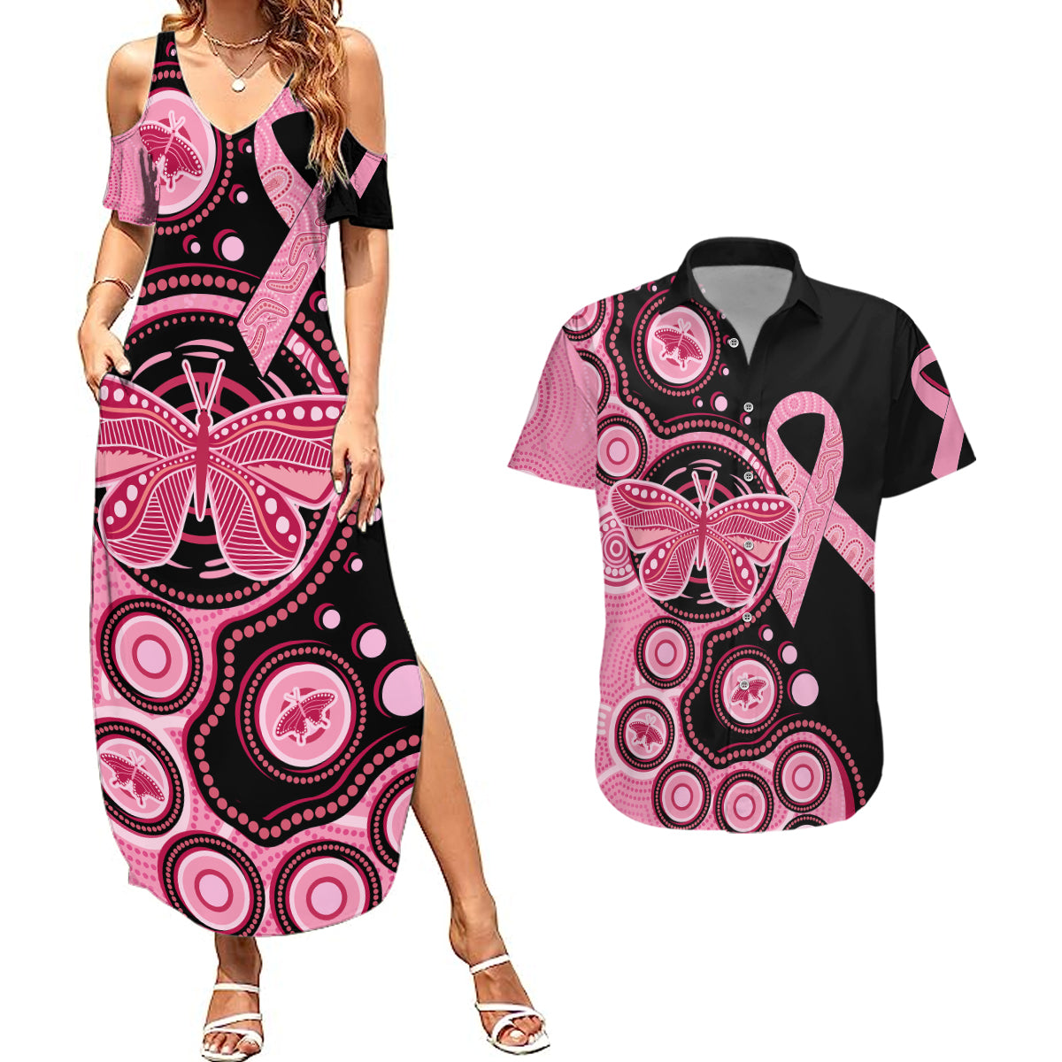 australia-indigenous-couples-matching-summer-maxi-dress-and-hawaiian-shirt-breast-cancer-ribbon-butterfly-aboriginal-arts