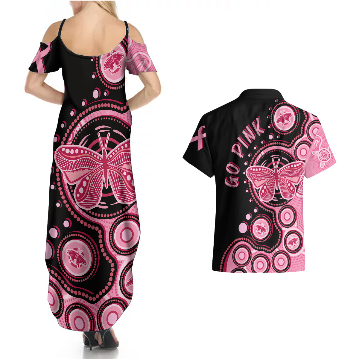 australia-indigenous-couples-matching-summer-maxi-dress-and-hawaiian-shirt-breast-cancer-ribbon-butterfly-aboriginal-arts