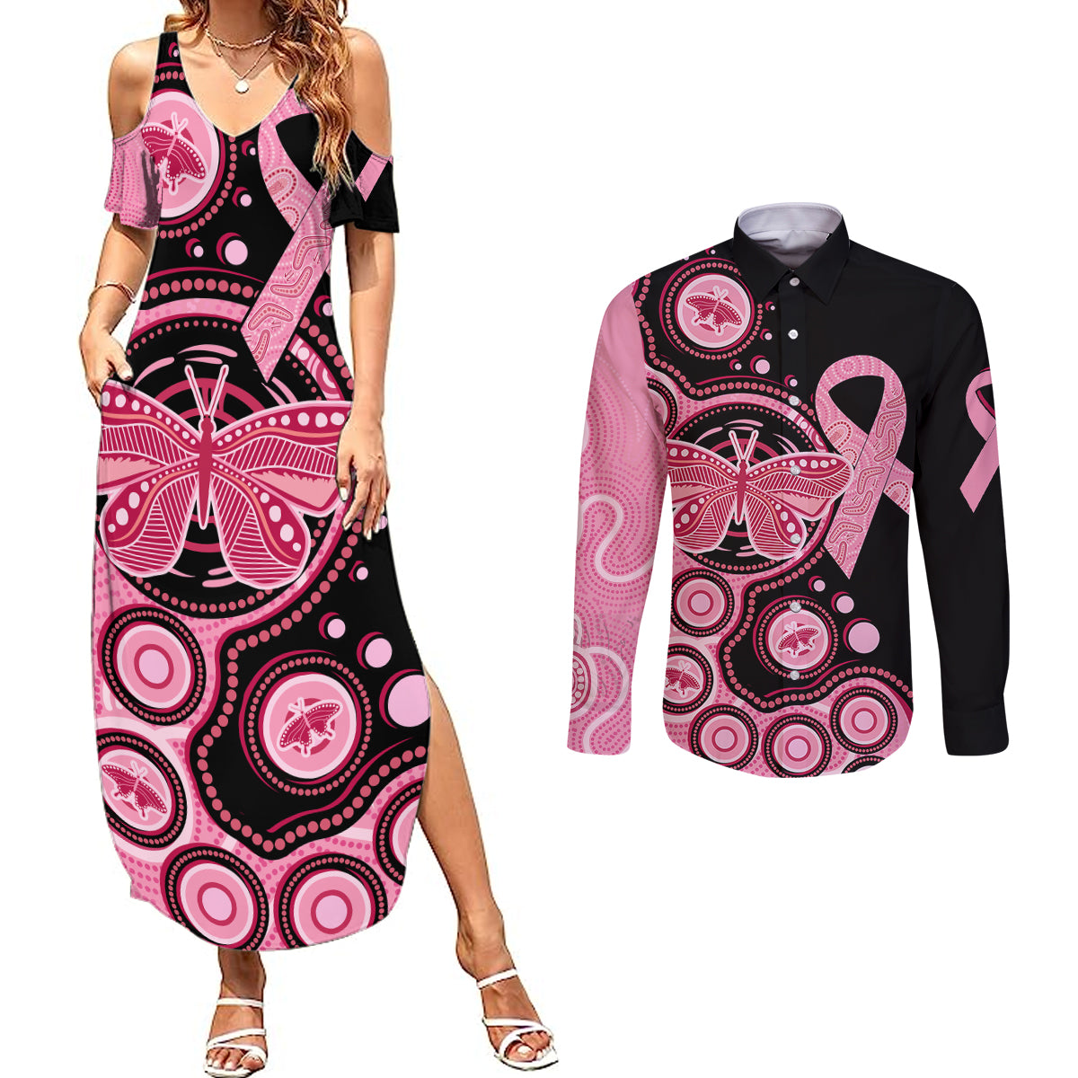 australia-indigenous-couples-matching-summer-maxi-dress-and-long-sleeve-button-shirts-breast-cancer-ribbon-butterfly-aboriginal-arts