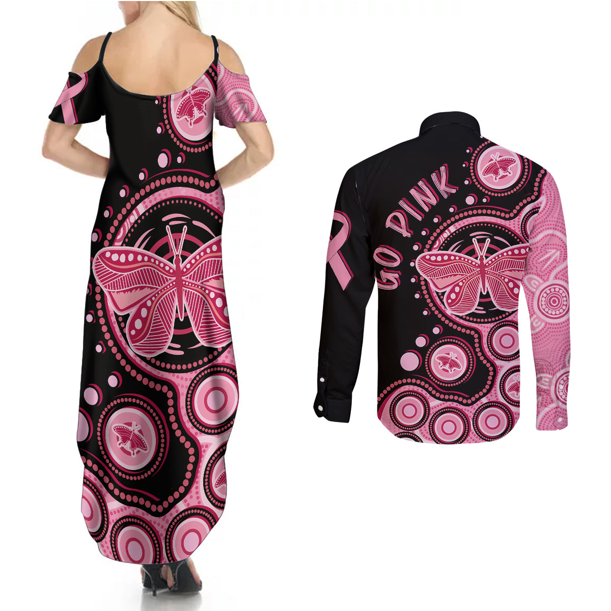 australia-indigenous-couples-matching-summer-maxi-dress-and-long-sleeve-button-shirts-breast-cancer-ribbon-butterfly-aboriginal-arts
