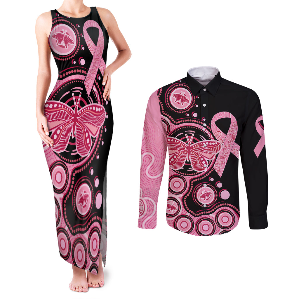 australia-indigenous-couples-matching-tank-maxi-dress-and-long-sleeve-button-shirts-breast-cancer-ribbon-butterfly-aboriginal-arts