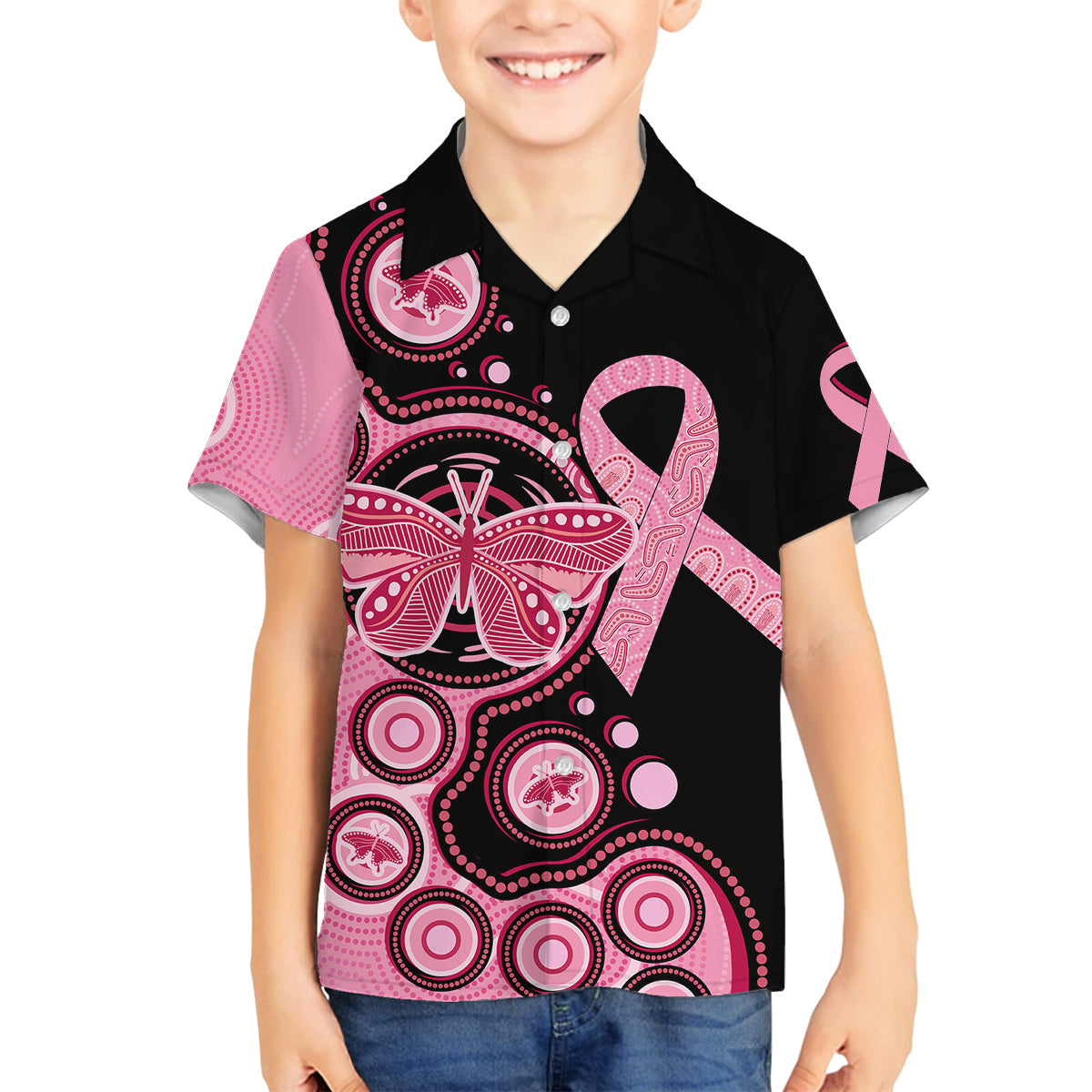 australia-indigenous-kid-hawaiian-shirt-breast-cancer-ribbon-butterfly-aboriginal-arts