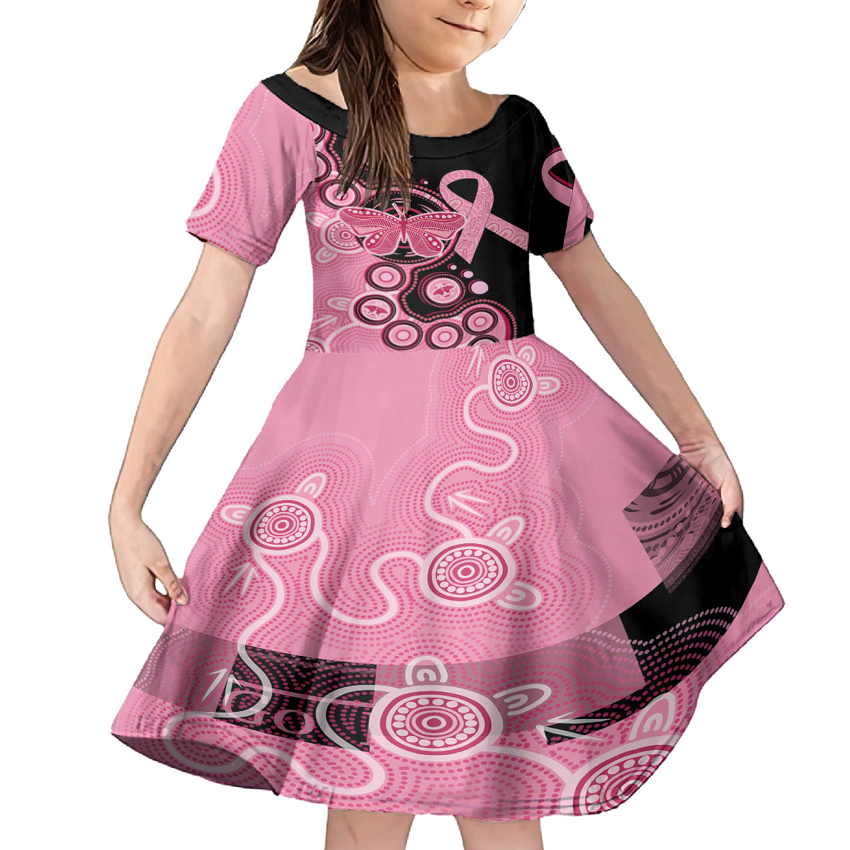 australia-indigenous-kid-short-sleeve-dress-breast-cancer-ribbon-butterfly-aboriginal-arts