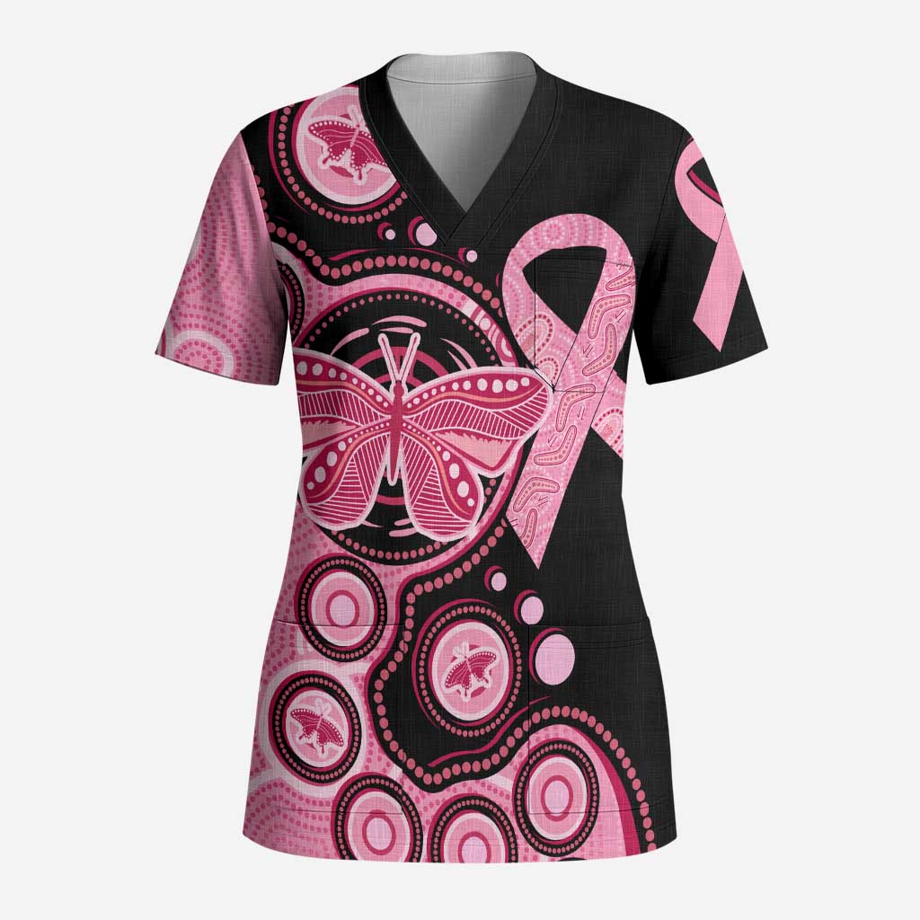 Australia Indigenous Scrub Top Breast Cancer Ribbon Butterfly Aboriginal Arts - Aussie Hoodie