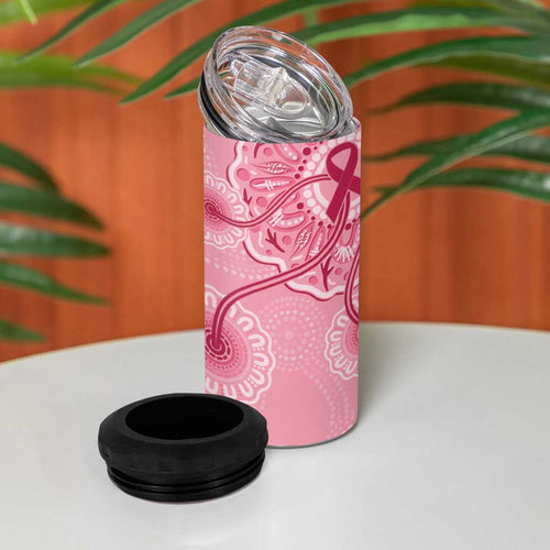 Australia Indigenous Can Cooler Tumbler Breast Cancer Ribbon Aboriginal Art - Pink