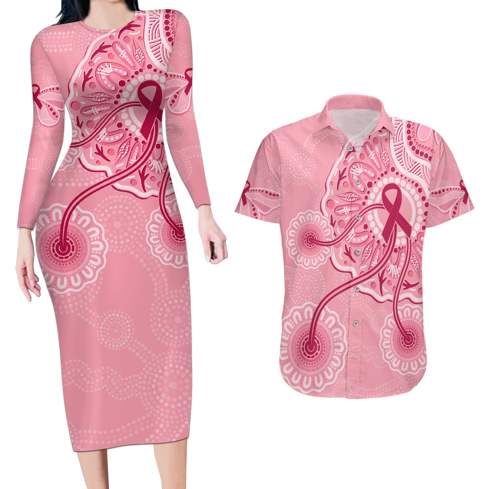 australia-indigenous-couples-matching-long-sleeve-bodycon-dress-and-hawaiian-shirt-breast-cancer-ribbon-aboriginal-art-pink