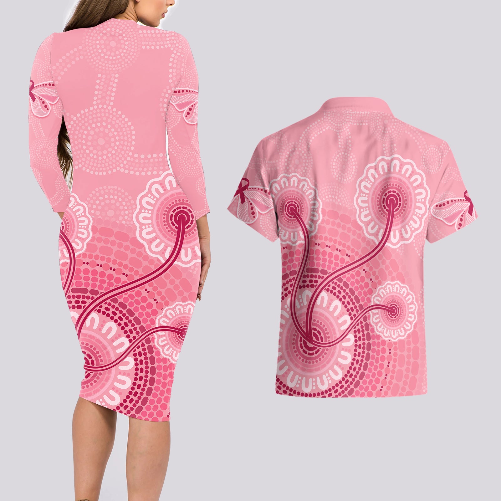 australia-indigenous-couples-matching-long-sleeve-bodycon-dress-and-hawaiian-shirt-breast-cancer-ribbon-aboriginal-art-pink