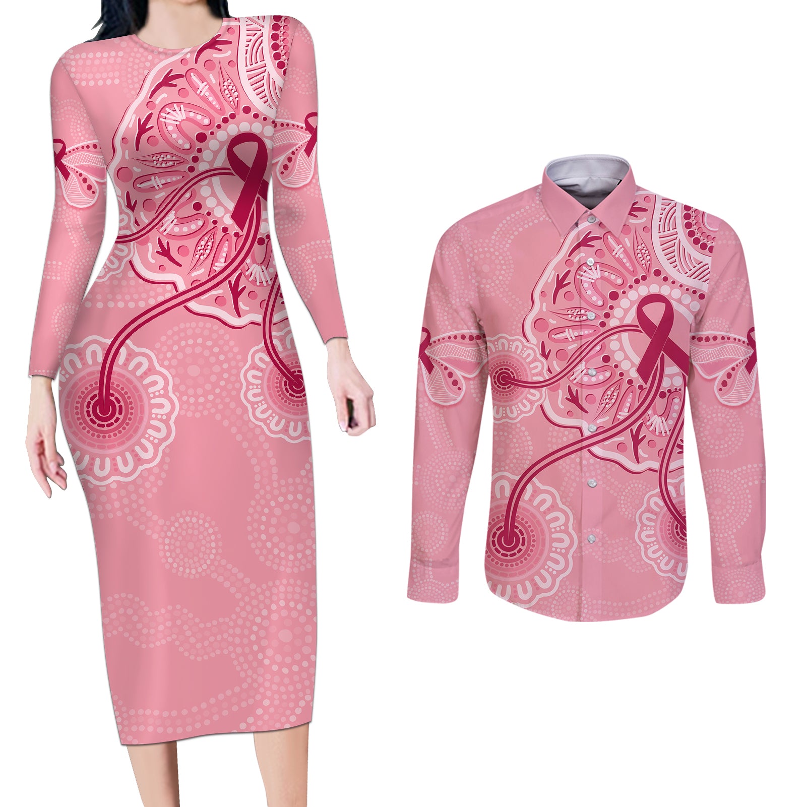 australia-indigenous-couples-matching-long-sleeve-bodycon-dress-and-long-sleeve-button-shirts-breast-cancer-ribbon-aboriginal-art-pink