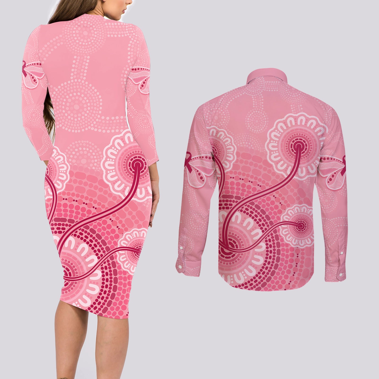 australia-indigenous-couples-matching-long-sleeve-bodycon-dress-and-long-sleeve-button-shirts-breast-cancer-ribbon-aboriginal-art-pink