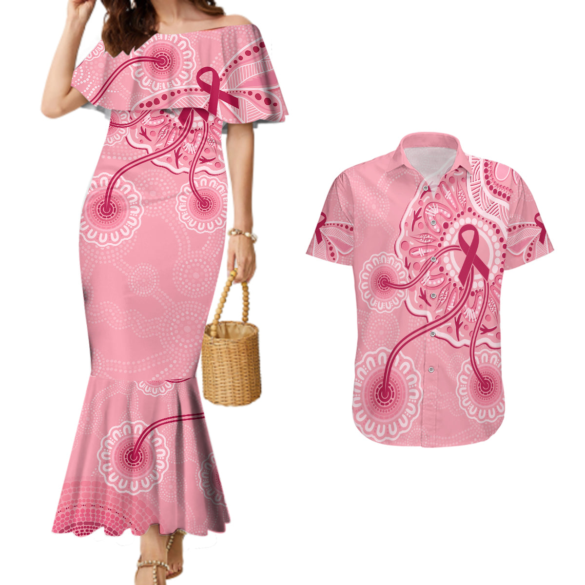 australia-indigenous-couples-matching-mermaid-dress-and-hawaiian-shirt-breast-cancer-ribbon-aboriginal-art-pink