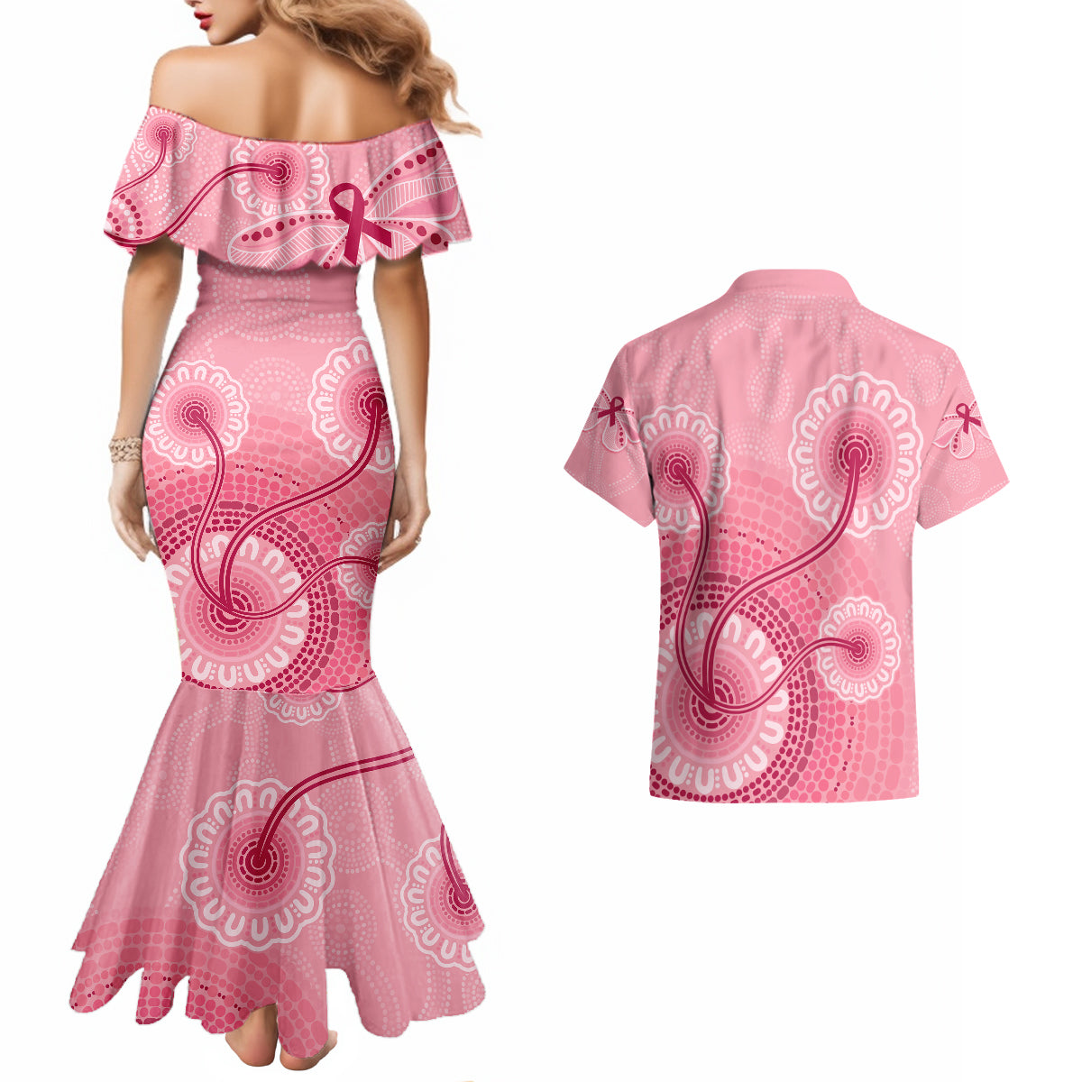 australia-indigenous-couples-matching-mermaid-dress-and-hawaiian-shirt-breast-cancer-ribbon-aboriginal-art-pink