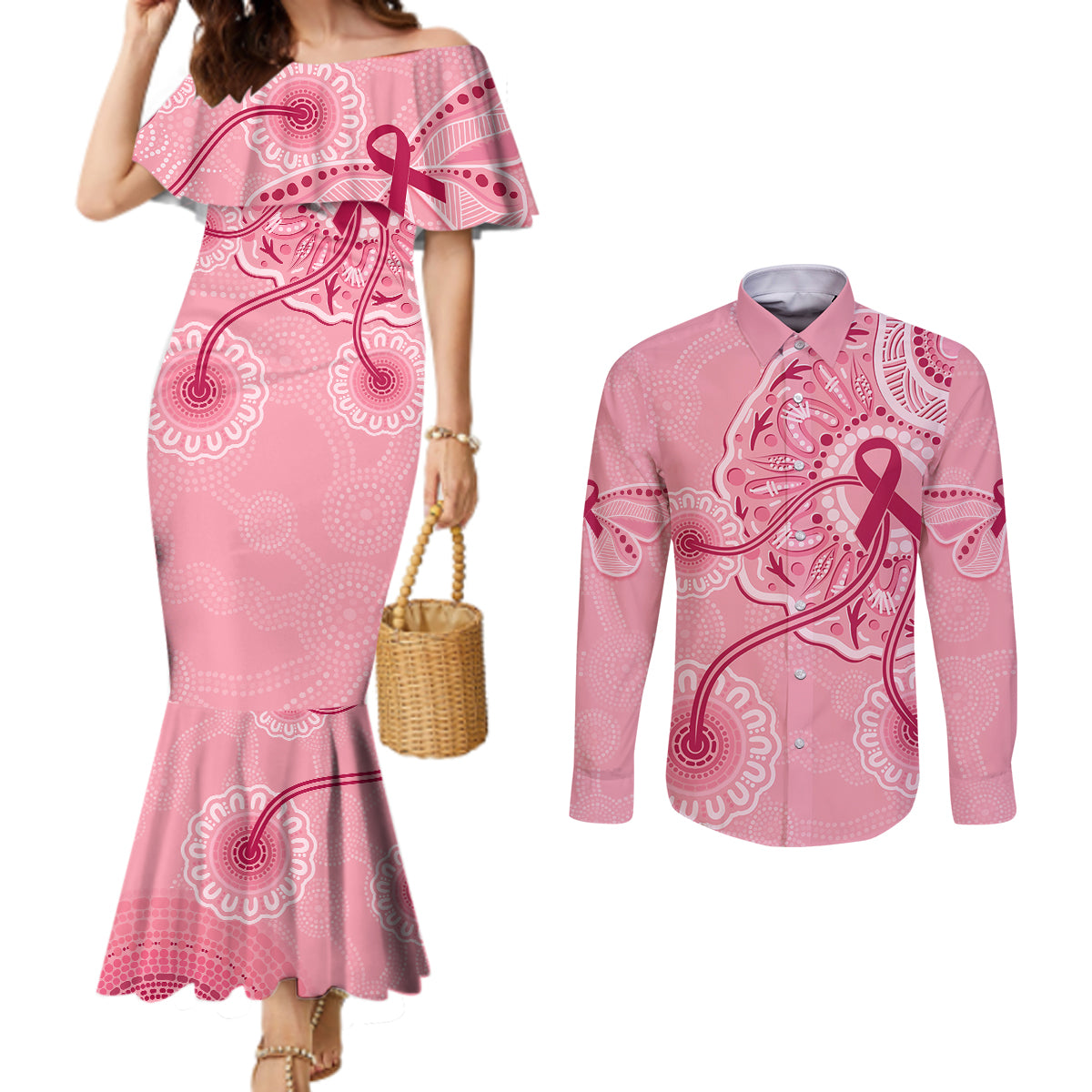 australia-indigenous-couples-matching-mermaid-dress-and-long-sleeve-button-shirts-breast-cancer-ribbon-aboriginal-art-pink