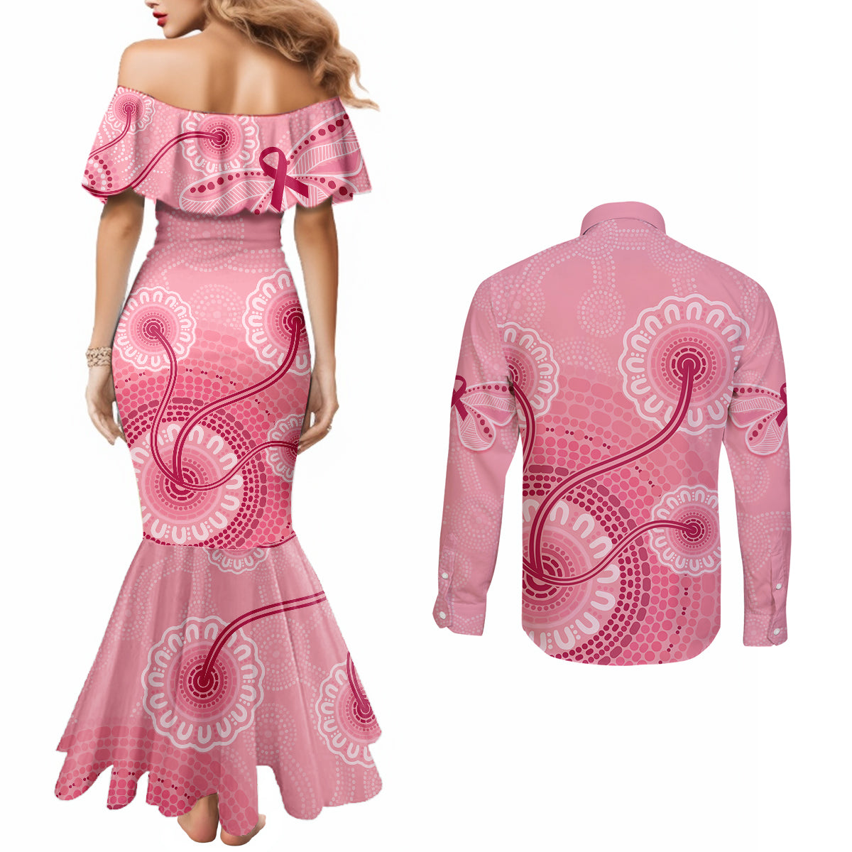 australia-indigenous-couples-matching-mermaid-dress-and-long-sleeve-button-shirts-breast-cancer-ribbon-aboriginal-art-pink