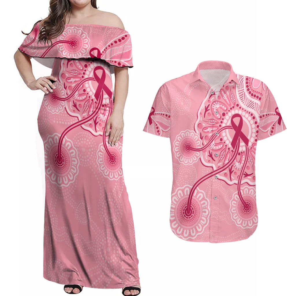 australia-indigenous-couples-matching-off-shoulder-maxi-dress-and-hawaiian-shirt-breast-cancer-ribbon-aboriginal-art-pink