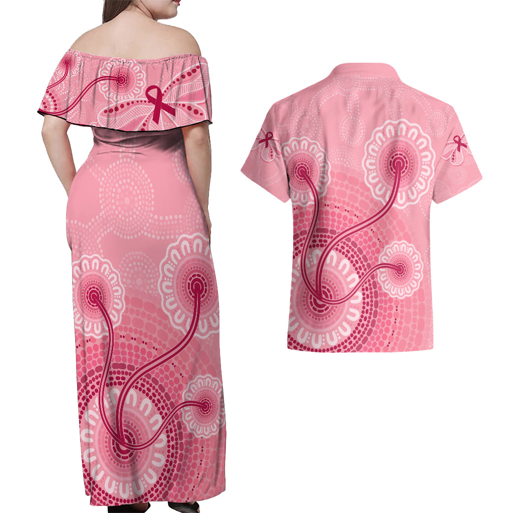 australia-indigenous-couples-matching-off-shoulder-maxi-dress-and-hawaiian-shirt-breast-cancer-ribbon-aboriginal-art-pink