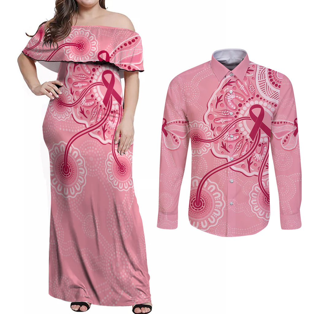 australia-indigenous-couples-matching-off-shoulder-maxi-dress-and-long-sleeve-button-shirts-breast-cancer-ribbon-aboriginal-art-pink