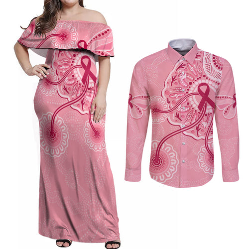 australia-indigenous-couples-matching-off-shoulder-maxi-dress-and-long-sleeve-button-shirts-breast-cancer-ribbon-aboriginal-art-pink