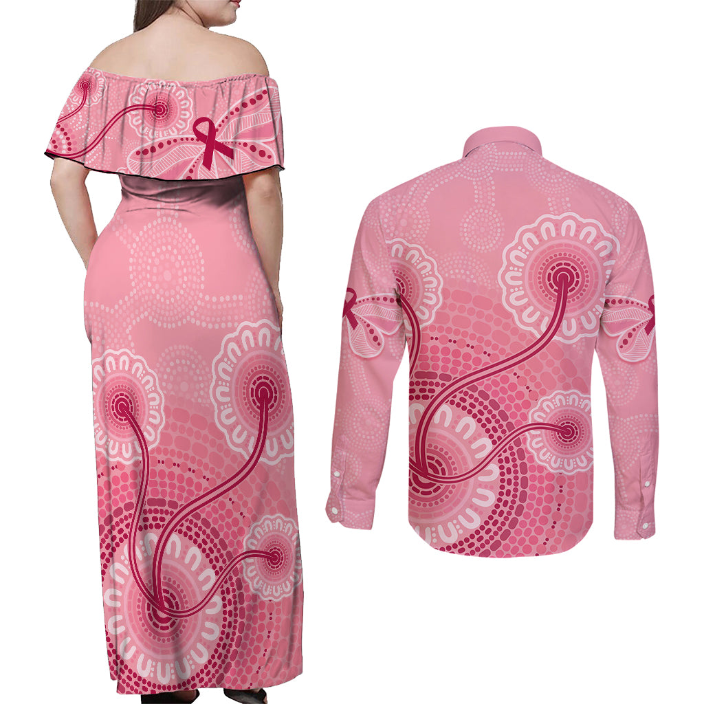 australia-indigenous-couples-matching-off-shoulder-maxi-dress-and-long-sleeve-button-shirts-breast-cancer-ribbon-aboriginal-art-pink
