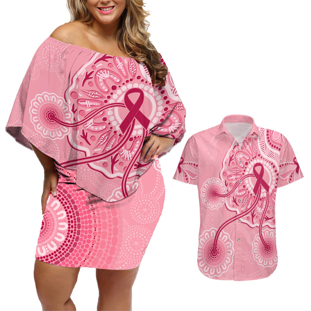 australia-indigenous-couples-matching-off-shoulder-short-dress-and-hawaiian-shirt-breast-cancer-ribbon-aboriginal-art-pink