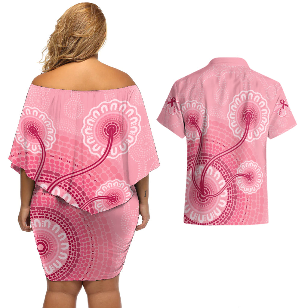 australia-indigenous-couples-matching-off-shoulder-short-dress-and-hawaiian-shirt-breast-cancer-ribbon-aboriginal-art-pink