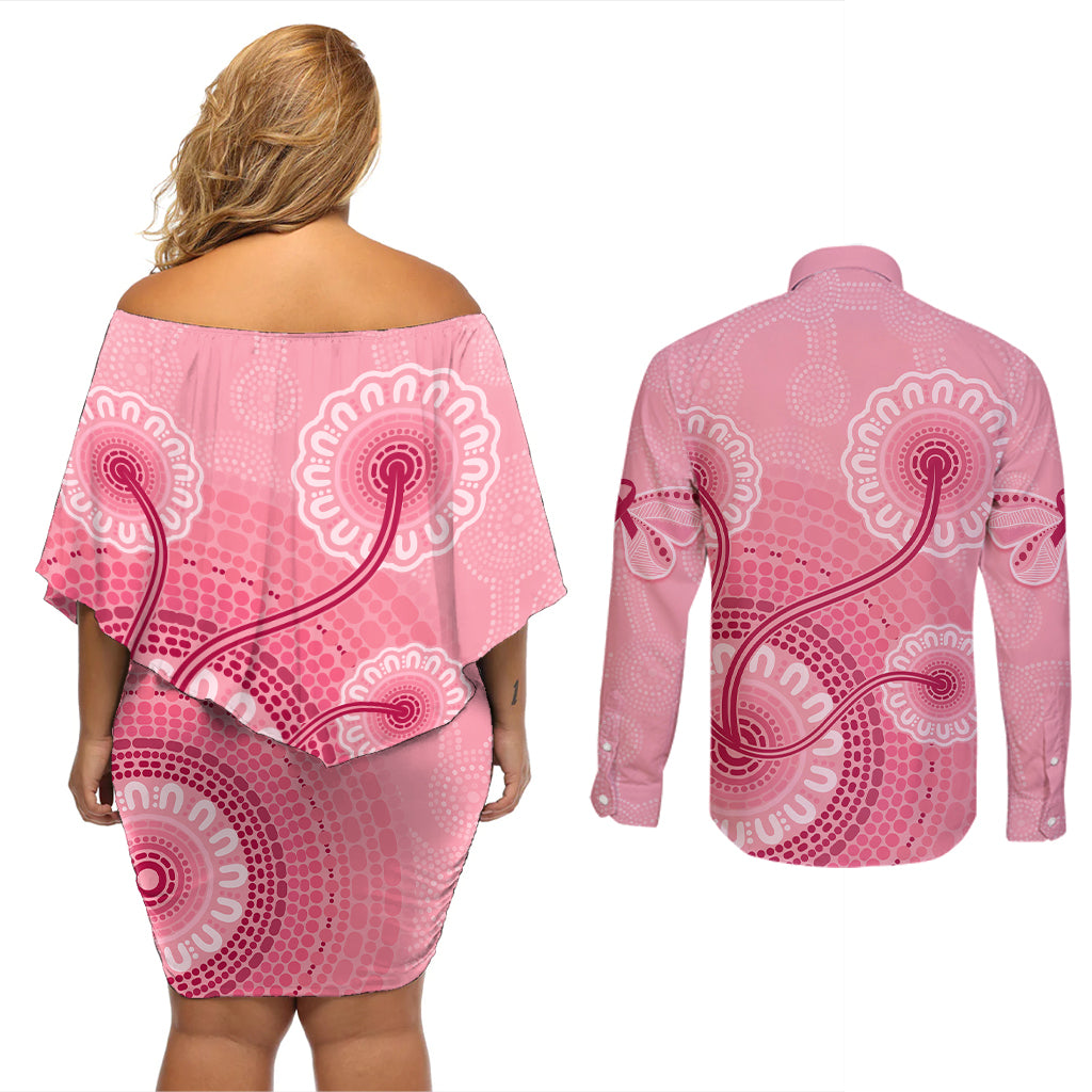 australia-indigenous-couples-matching-off-shoulder-short-dress-and-long-sleeve-button-shirts-breast-cancer-ribbon-aboriginal-art-pink