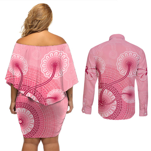 australia-indigenous-couples-matching-off-shoulder-short-dress-and-long-sleeve-button-shirts-breast-cancer-ribbon-aboriginal-art-pink