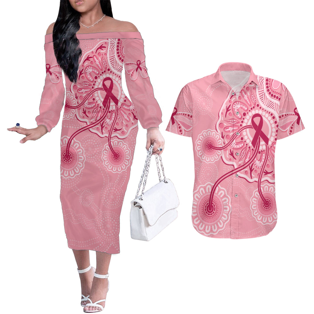 australia-indigenous-couples-matching-off-the-shoulder-long-sleeve-dress-and-hawaiian-shirt-breast-cancer-ribbon-aboriginal-art-pink